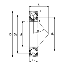 角接觸球軸承 7312-B-JP, 根據 DIN 628-1 標準的主要尺寸，接觸角 α = 40°