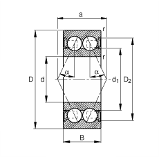 角接觸球軸承 3812-B-2RSR-TVH, 雙列，雙側(cè)唇密封，接觸角 α = 25°