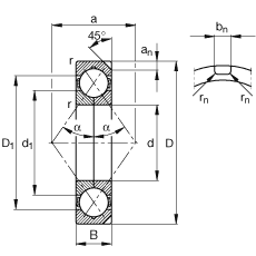 四點(diǎn)接觸球軸承 QJ232-N2-MPA, 根據(jù) DIN 628-4 的主要尺寸， 可以拆卸，剖分內(nèi)圈，帶兩個(gè)止動(dòng)槽