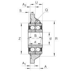 軸承座單元 PCCJ40, 帶四個螺栓孔的法蘭的軸承座單元，鑄鐵，雙列角接觸球軸承，P 型密封