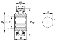 外球面球軸承 SK104-207-KRR-B-AH12, 球面外圈，內圈帶六角形孔，兩側 R 型密封