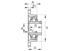 軸承座單元 RCJTY1/2, 對角法蘭軸承座單元，鑄鐵，根據 ABMA 15 - 1991, ABMA 14 - 1991, ISO3228 內圈帶有平頭螺栓，R型密封，英制