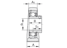 直立式軸承座單元 PASEY1-1/4, 鑄鐵軸承座，外球面球軸承，根據(jù) ABMA 15 - 1991, ABMA 14 - 1991, ISO3228 內(nèi)圈帶有平頭螺栓，P型密封，英制